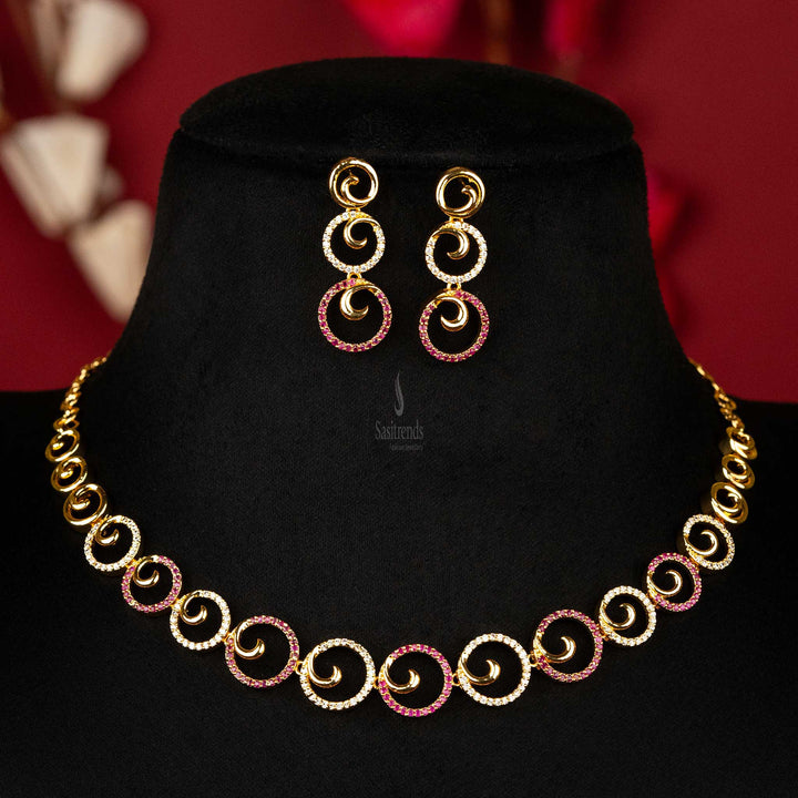 Sasitrends - Exquisite Micro Gold Plated American Diamond Circle Motif Necklace Jewellery Set