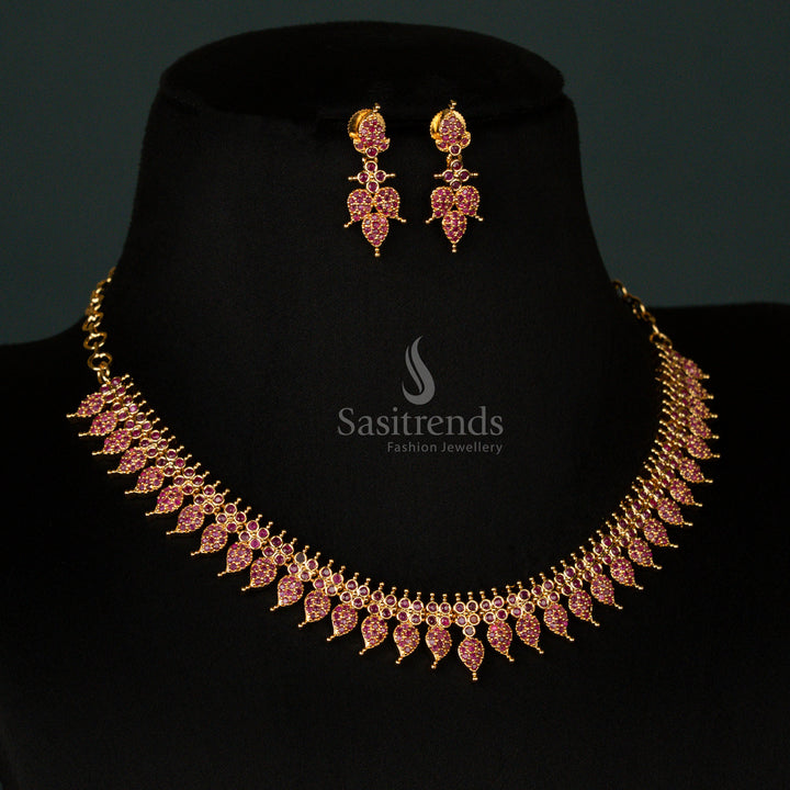 Classic micro gold plated leaf pattern necklace jewellery set with dazzling ruby stones and American diamonds, reflecting timeless elegance and festive grandeur - Sasitrends