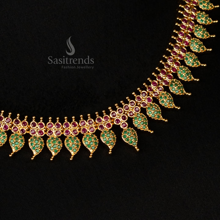 Royal micro gold plated leaf pattern necklace jewellery set, showcasing a luxurious blend of ruby and green stones with American diamonds, exuding heritage elegance and festive beauty - Sasitrends