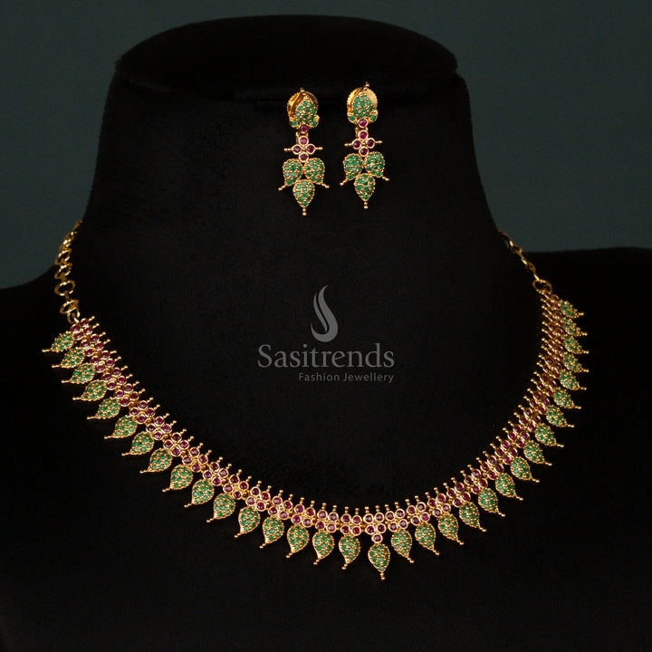 Classic micro gold plated leaf pattern necklace jewellery set, featuring a stunning combination of ruby and green stones with sparkling American diamonds for a majestic festive charm - Sasitrends
