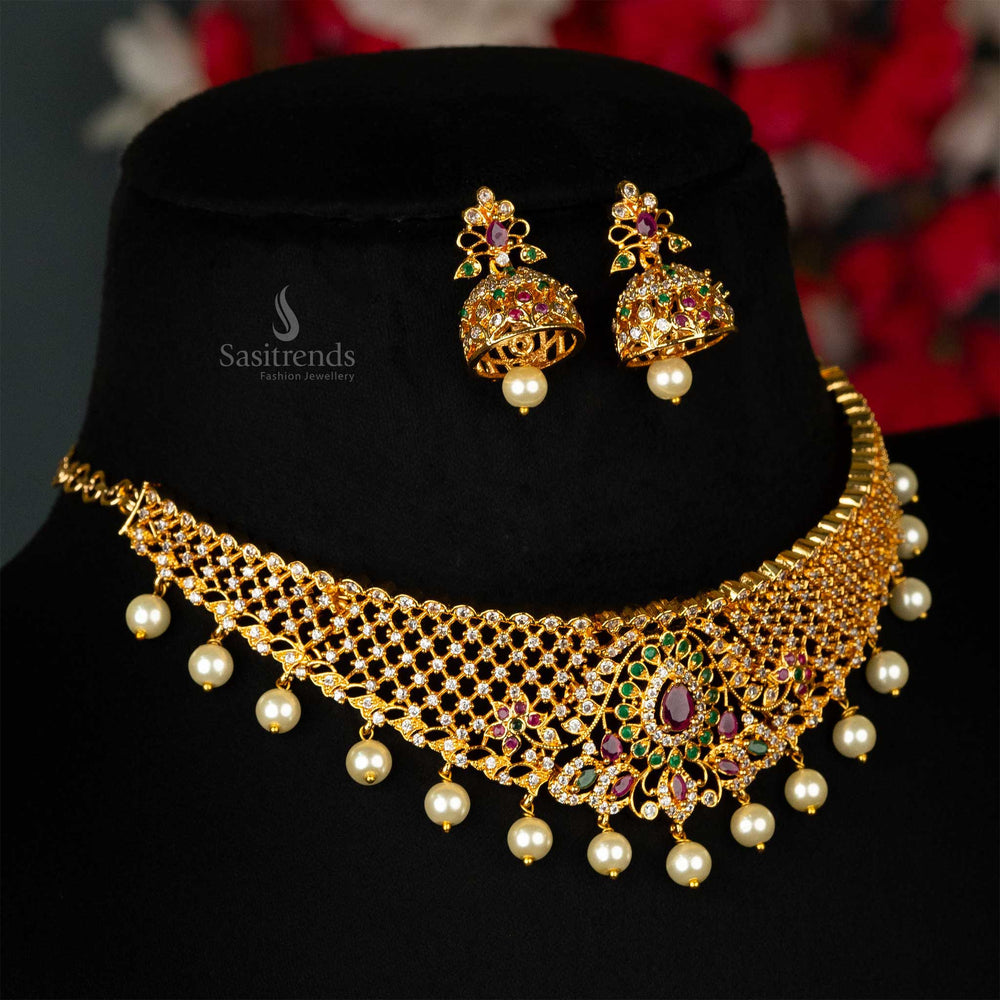 Micro gold plated choker with American Diamonds and matching jhumkas, design 