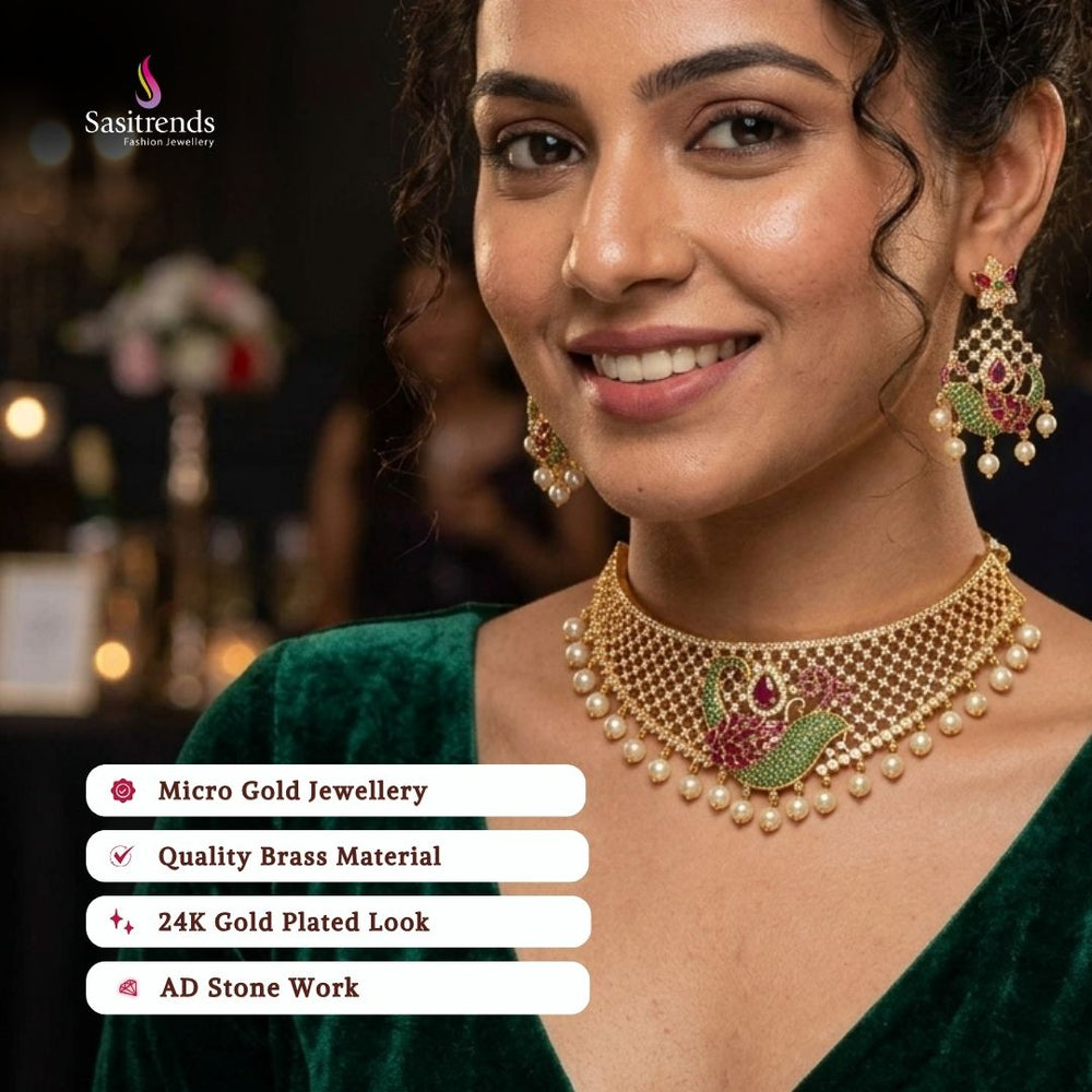 Guaranteed Micro gold plated AD stone necklace set model image - Sasitrends