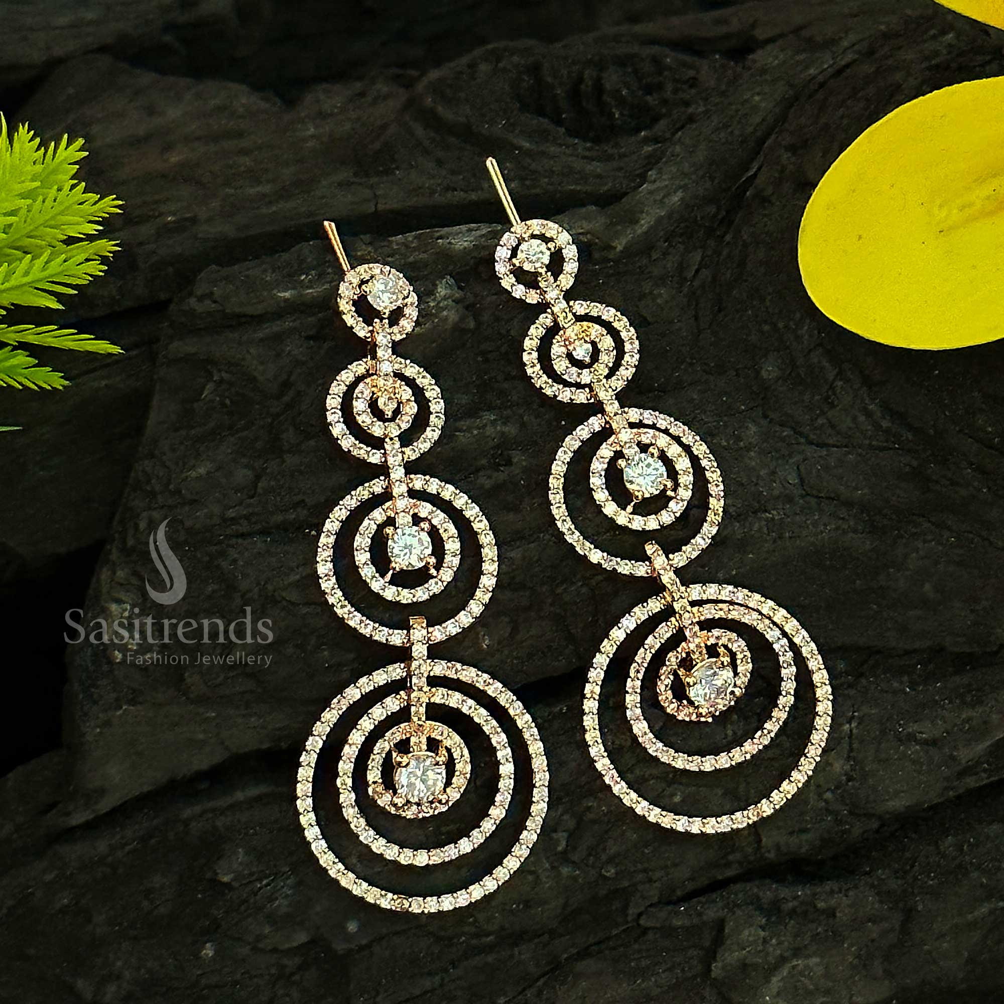 Glamorous rose gold plated dangler earrings for women with sparkling American Diamond stones and concentric circle design – Shimmer chic partywear jewellery – Sasitrends