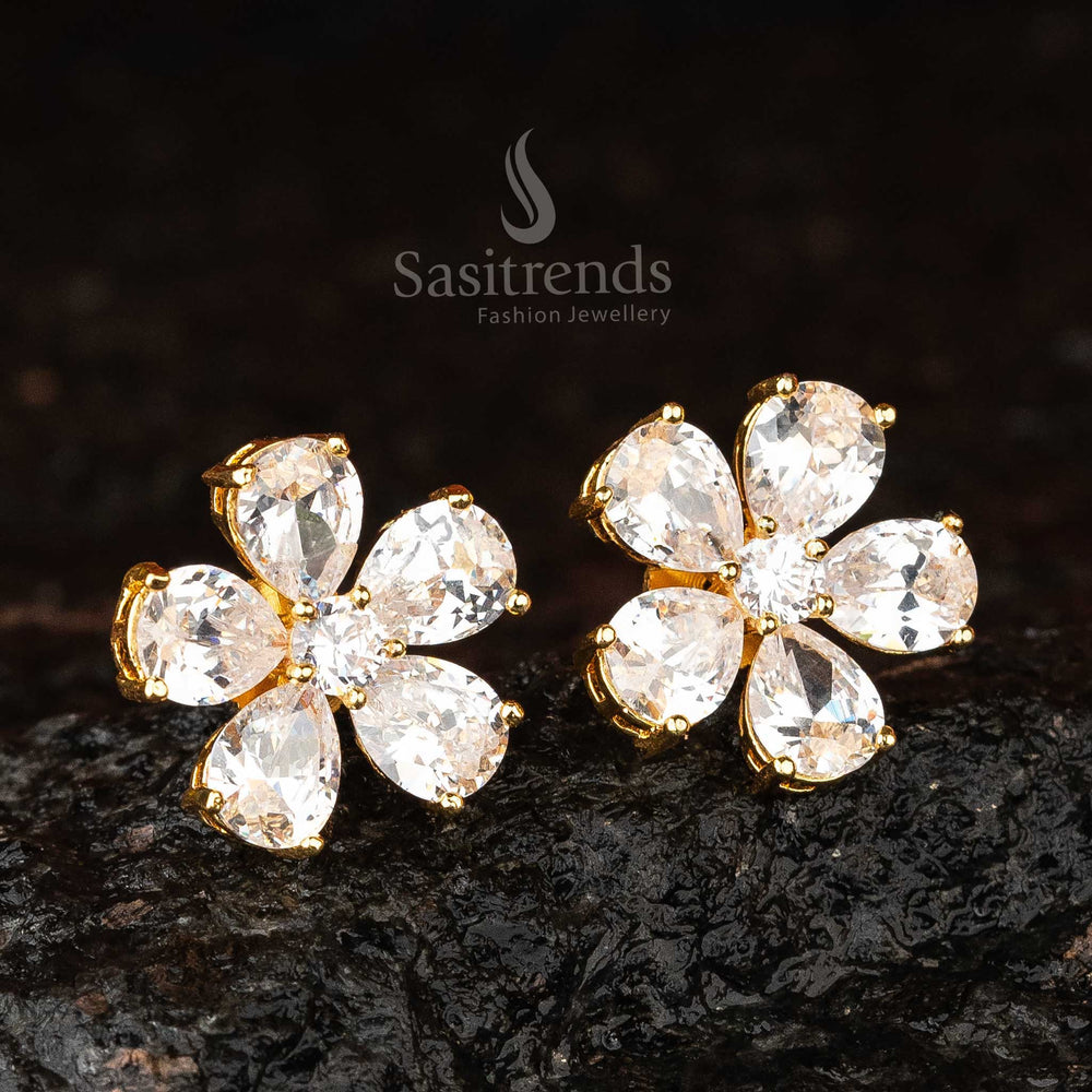 Classic White Flower Earrings with American Diamonds - Timeless Elegance - Sasitrends