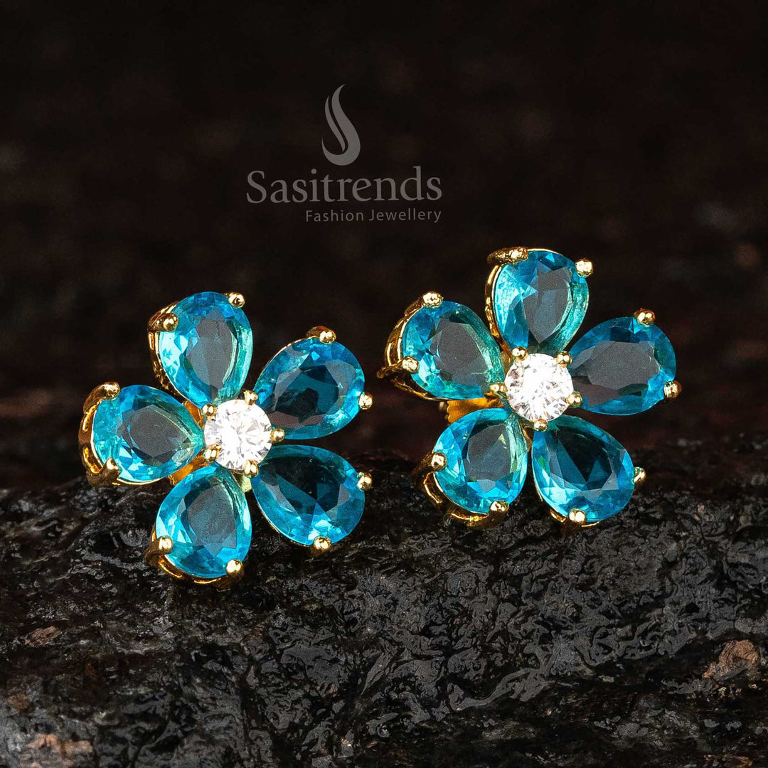 Ocean Blue Flower Earrings with American Diamonds - Gold Plated - Sasitrends
