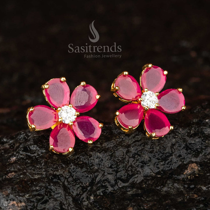 Vibrant Ruby Flower Earrings with American Diamonds - Gold Plated - Sasitrends