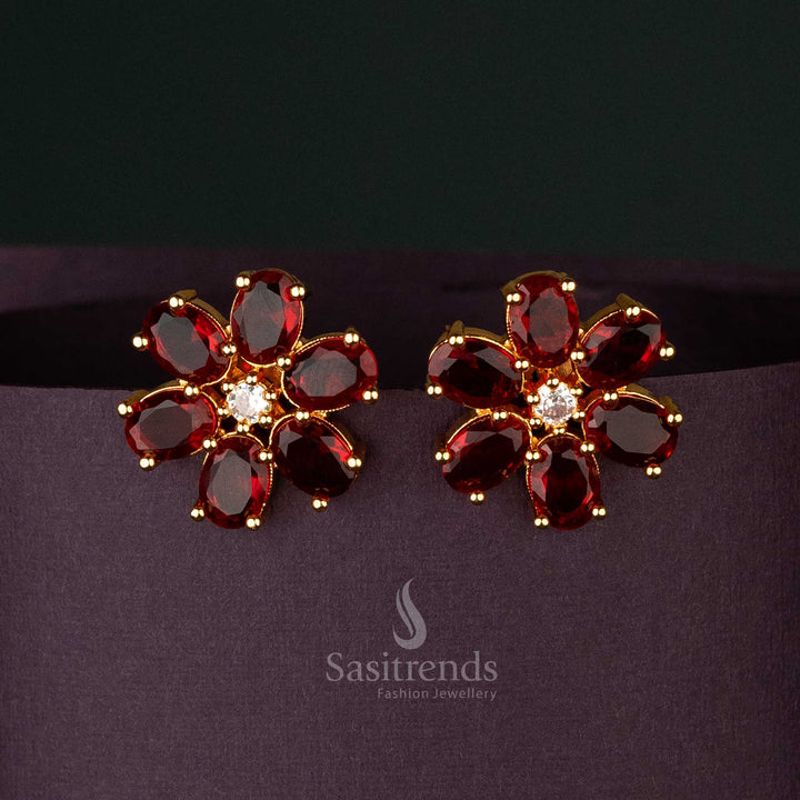 Wonderful Gold-Plated American Diamond Floral Stud Earrings With White And Ruby Stones For Party Wear - Sasitrends