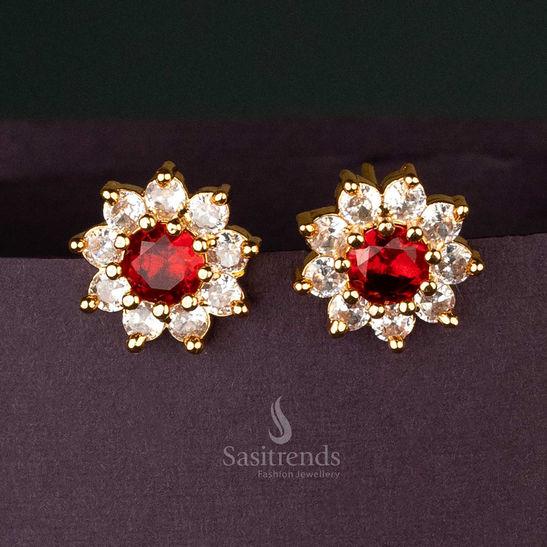 Radiant gold-plated American diamond flower stud earrings with shimmering red and white gemstones for festive occasions - Sasitrends