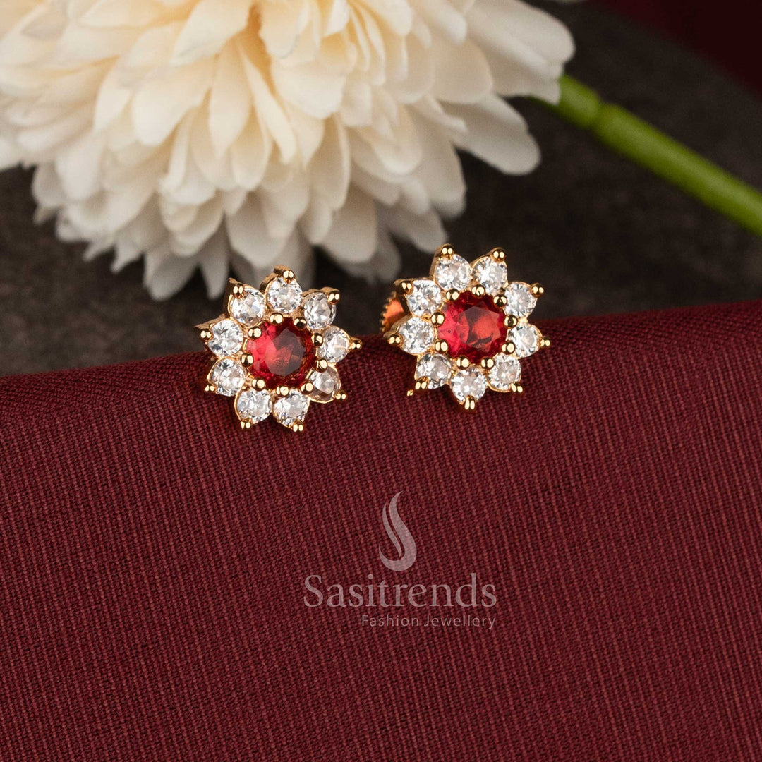 Festive wear gold plated flower earrings with red stone and sparkling AD craftsmanship - Sasitrends