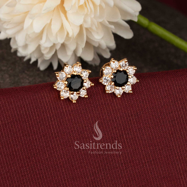 Festive wear gold plated flower earrings with black stone and sparkling AD craftsmanship - Sasitrends