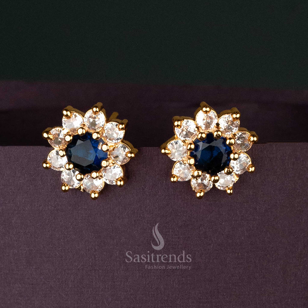Stunning American diamond floral earrings in gold plating with intricate white and blue crystal details for a glamorous look - Sasitrends