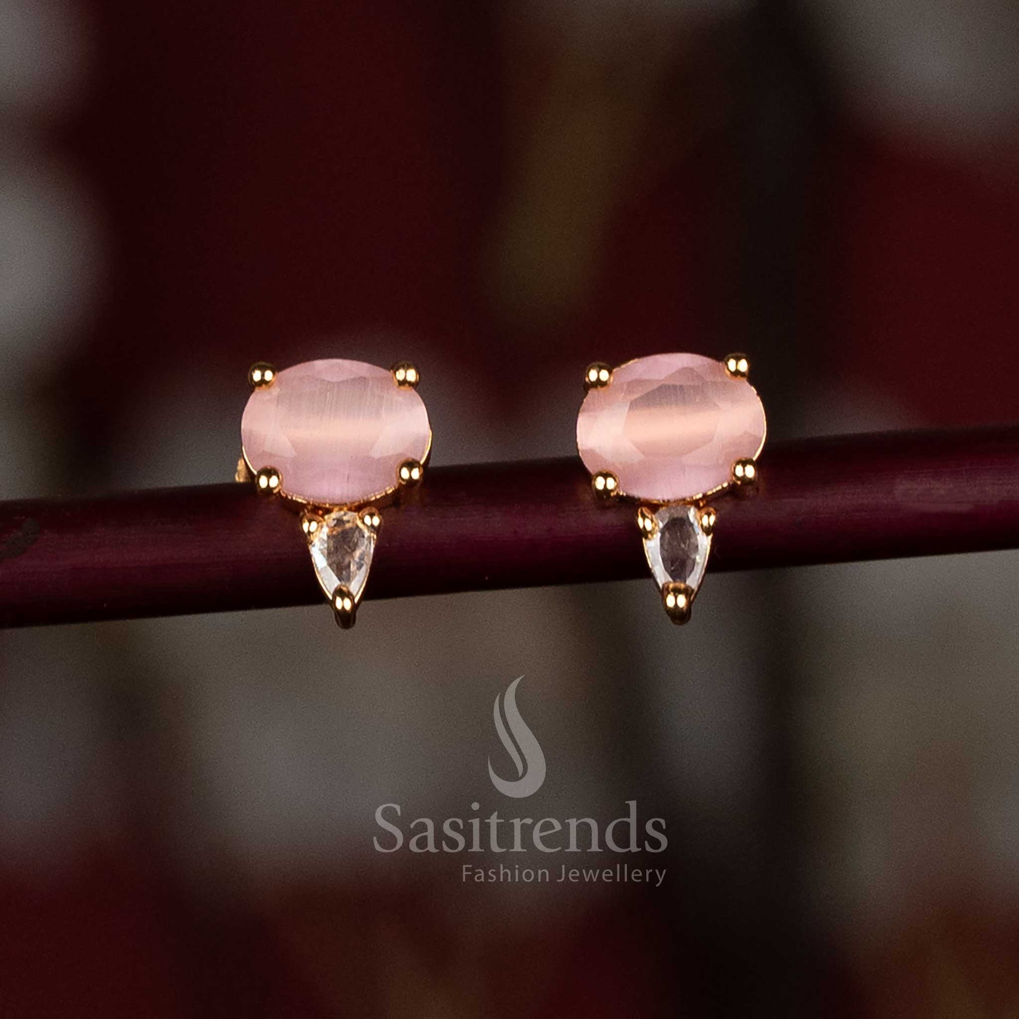 Captivating Gold-Plated American Diamond Stud Earrings in Oval and Pear Shapes with Pink Stones - Sasitrends