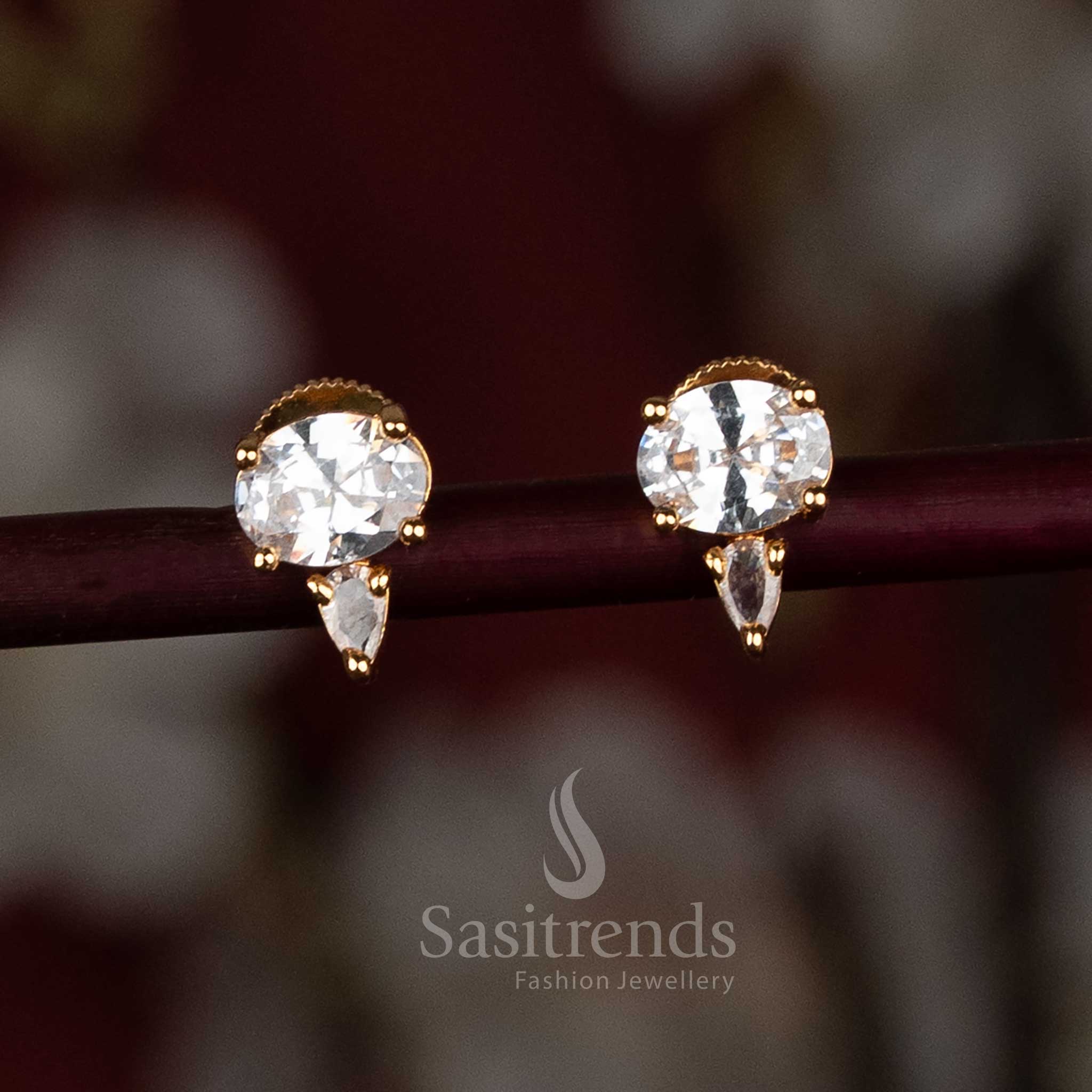 Captivating Gold-Plated American Diamond Stud Earrings in Oval and Pear Shapes with White Stones - Sasitrends