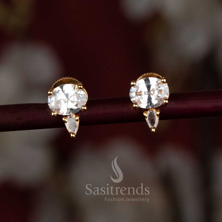 Captivating Gold-Plated American Diamond Stud Earrings in Oval and Pear Shapes with White Stones - Sasitrends