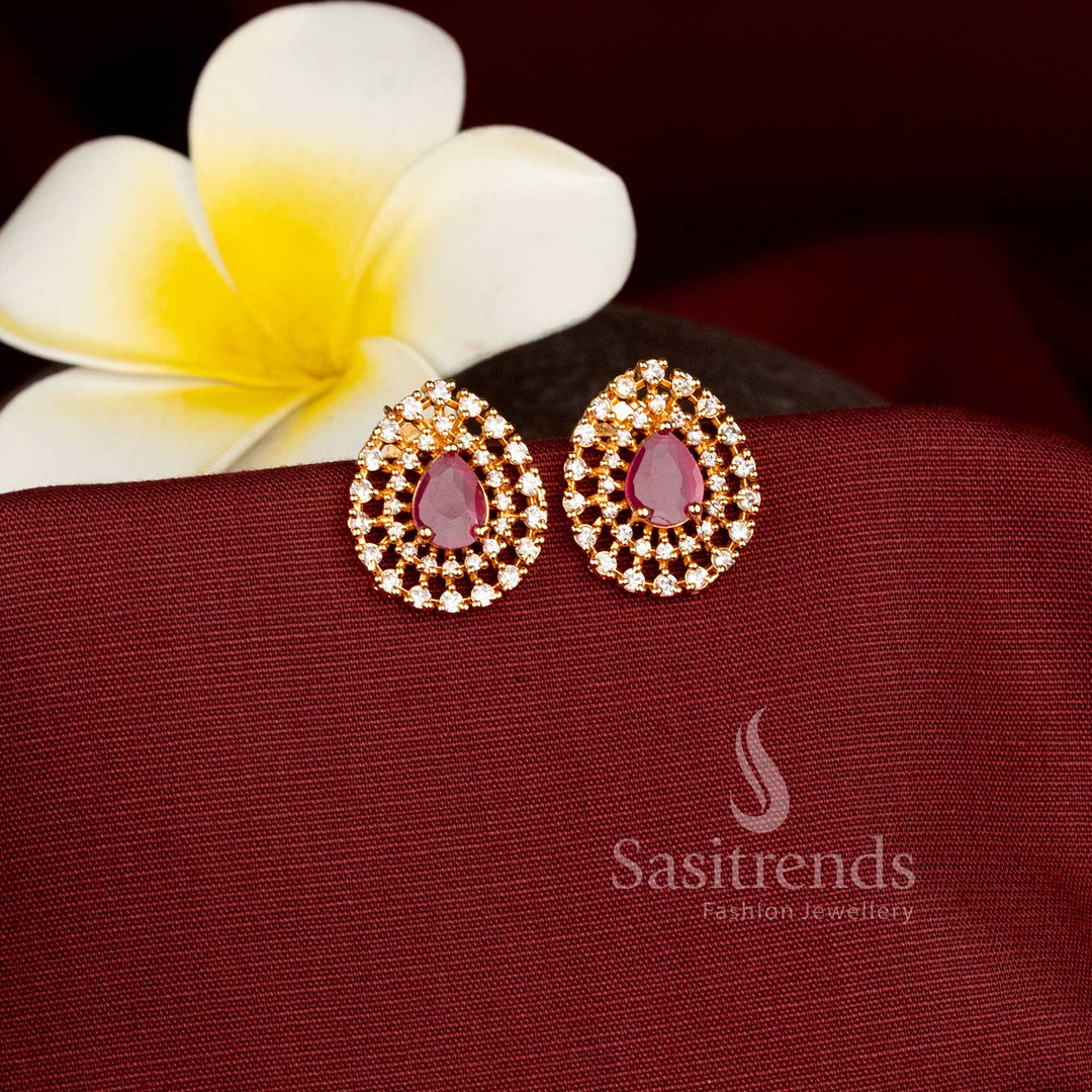 Gorgeous Gold Plated American Diamond Teardrop Earrings with Ruby and Green Stones Sasitrends