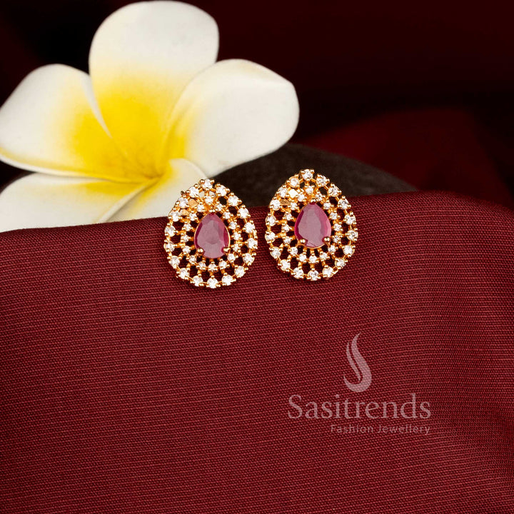 Gorgeous Gold Plated American Diamond Teardrop Earrings with Ruby and Green Stones Sasitrends