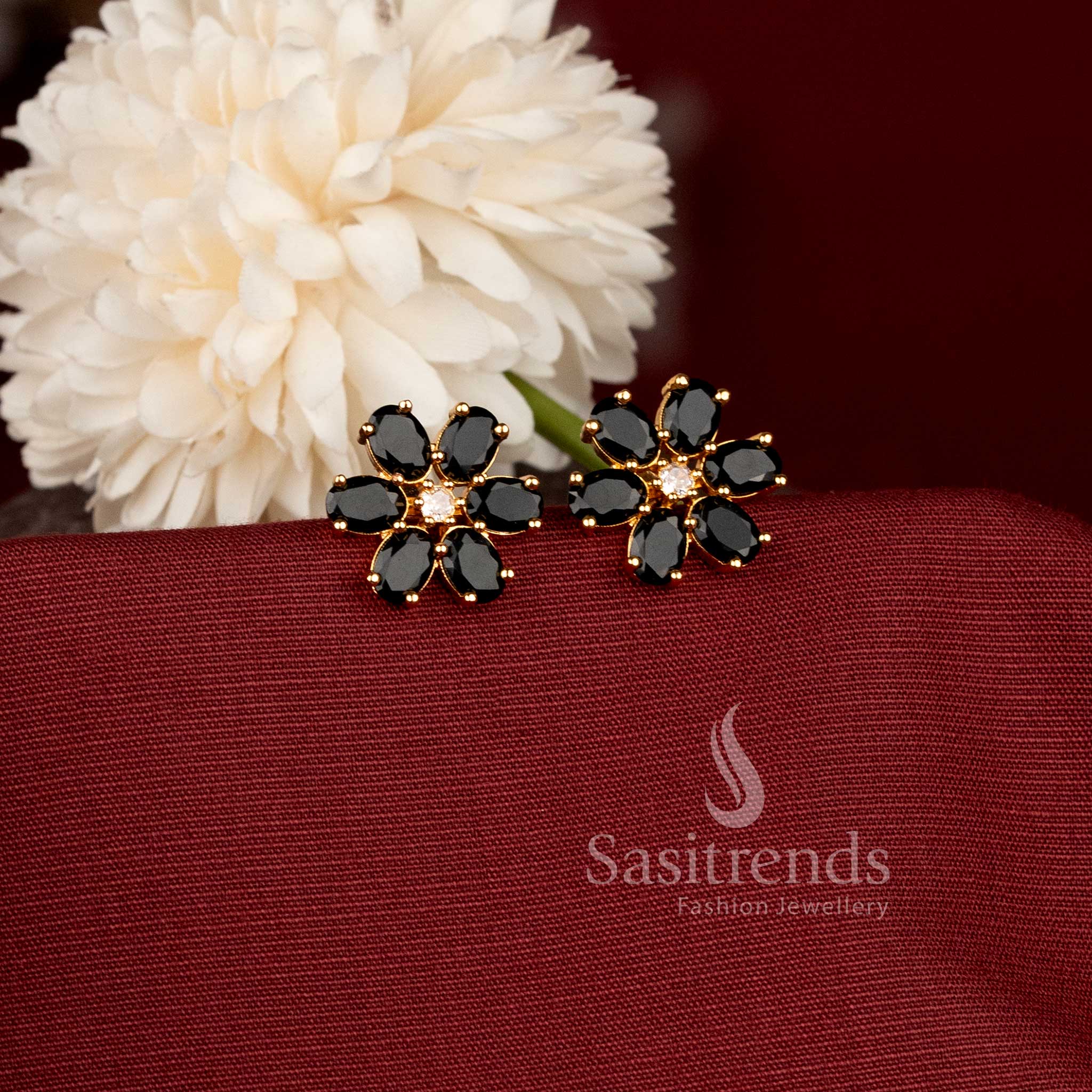 Detailed Floral American Diamond Stud Earrings for Traditional and Party Wear Sasitrends