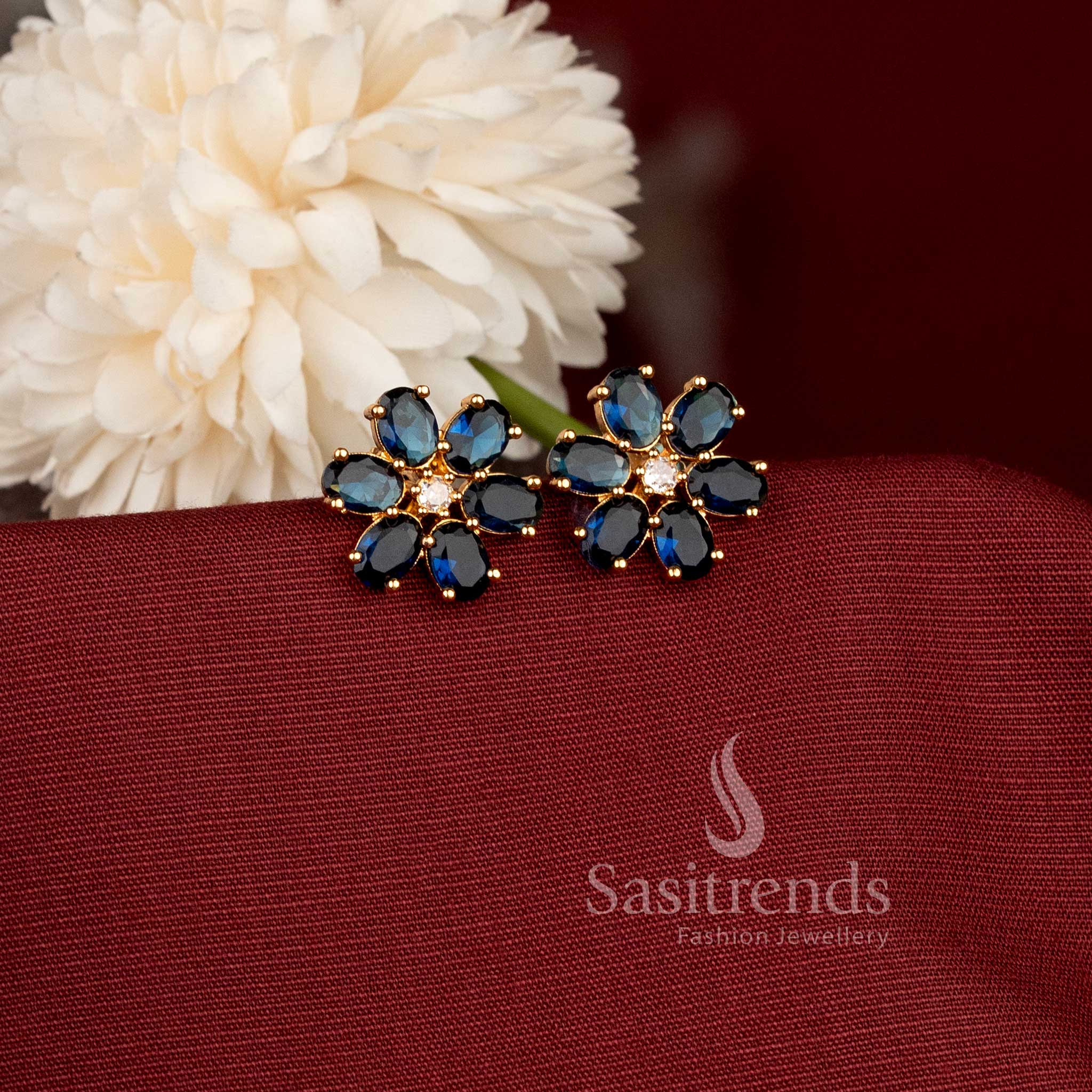 American Diamond Floral Stud Earrings with Detailed Stone Work Sasitrends