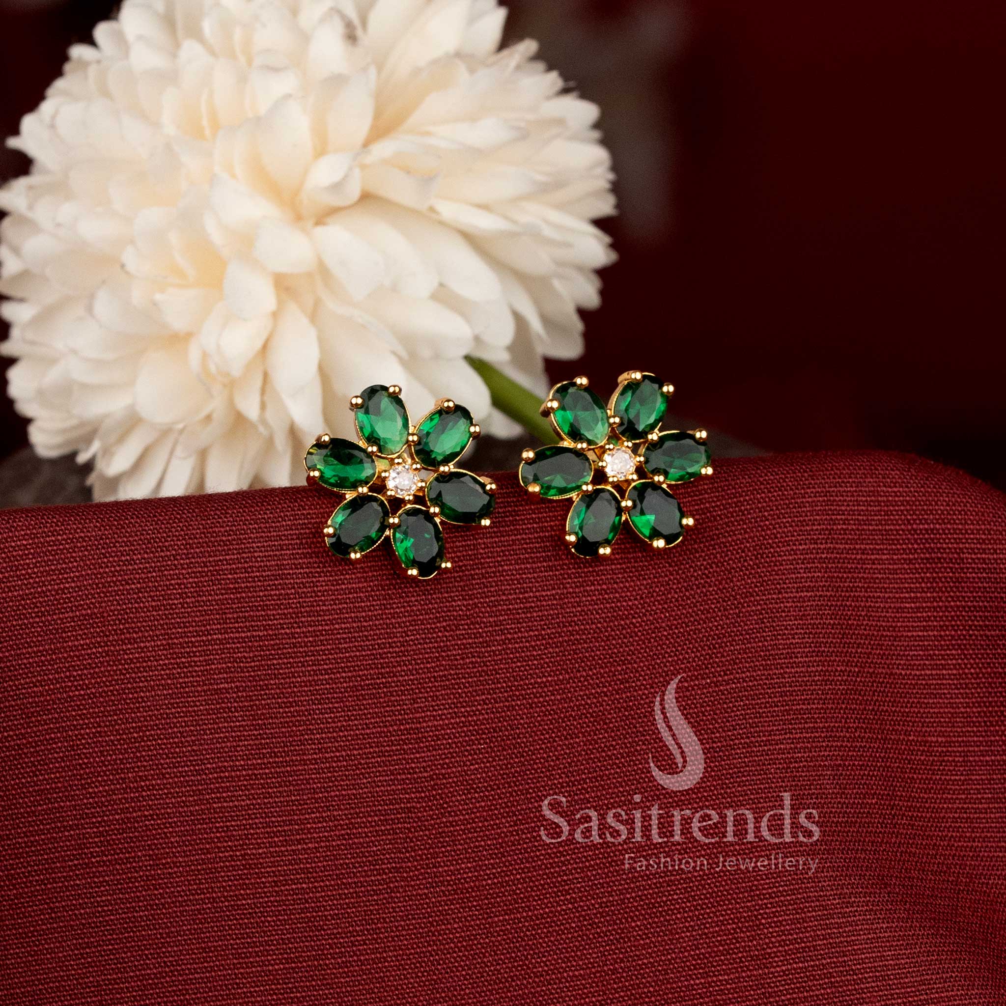 Beautiful Gold Plated Floral AD Stone Stud Earrings Sasitrends