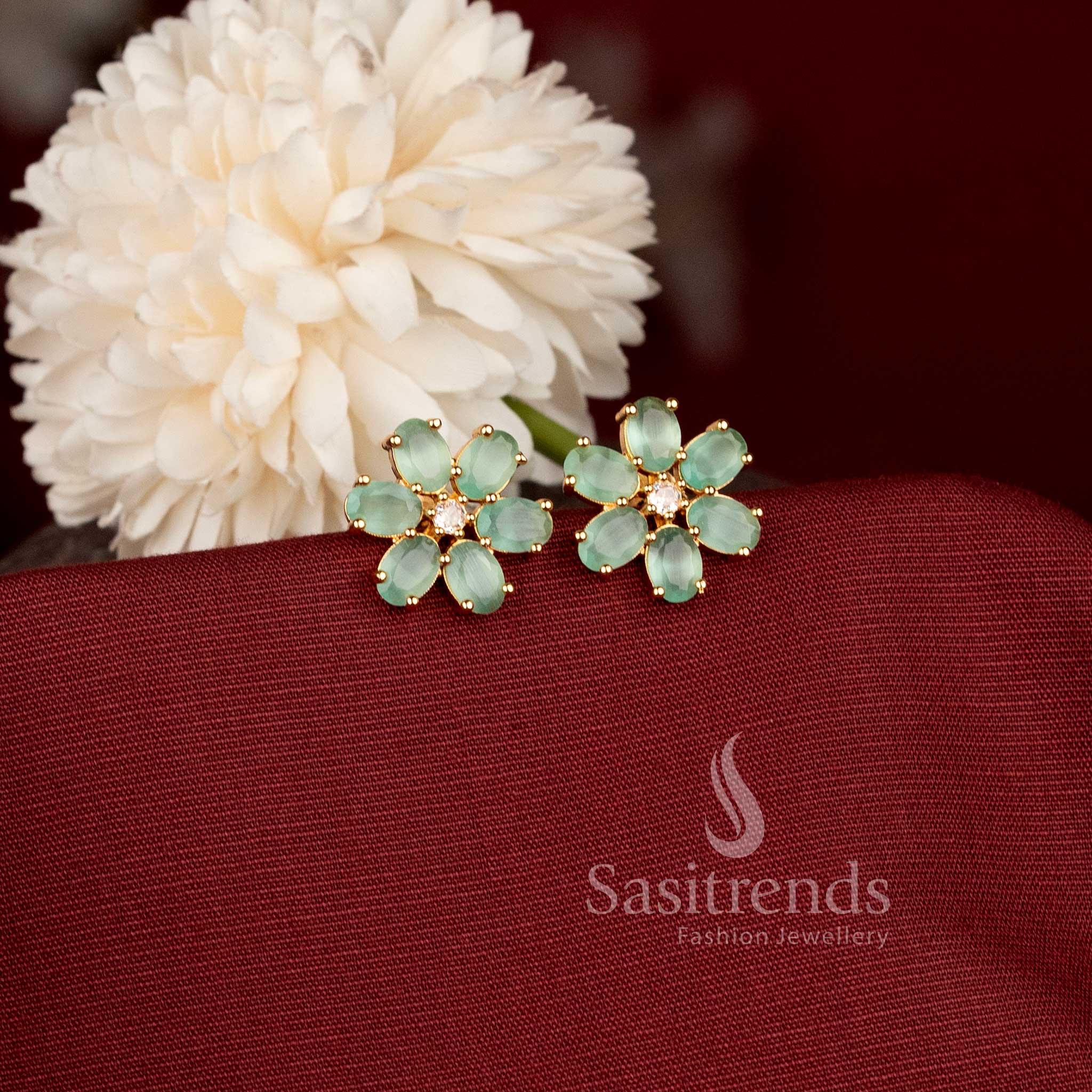 Gold Plated Floral Motif AD Stud Earrings for Women Sasitrends