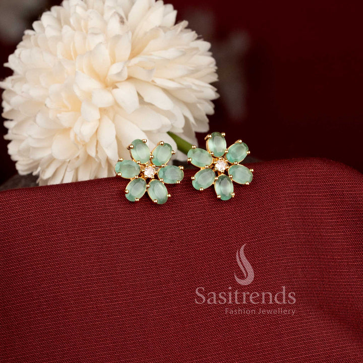Gold Plated Floral Motif AD Stud Earrings for Women Sasitrends