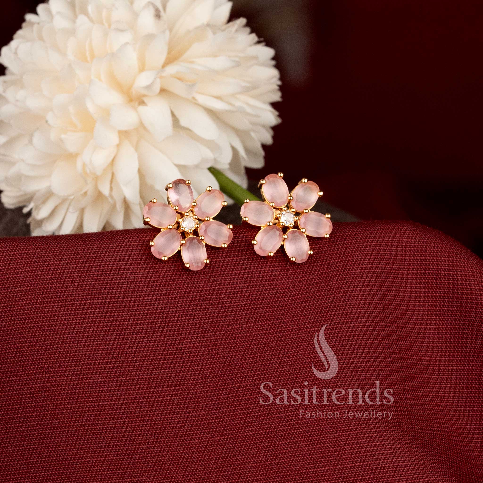 Gold Plated Floral Motif AD Stud Earrings for Women Sasitrends