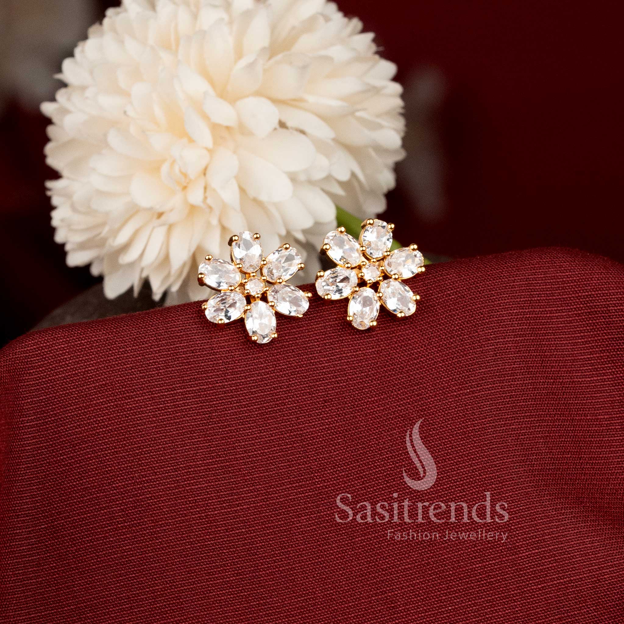 Detailed Floral American Diamond Stud Earrings for Traditional and Party Wear Sasitrends