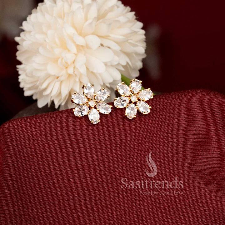 Detailed Floral American Diamond Stud Earrings for Traditional and Party Wear Sasitrends