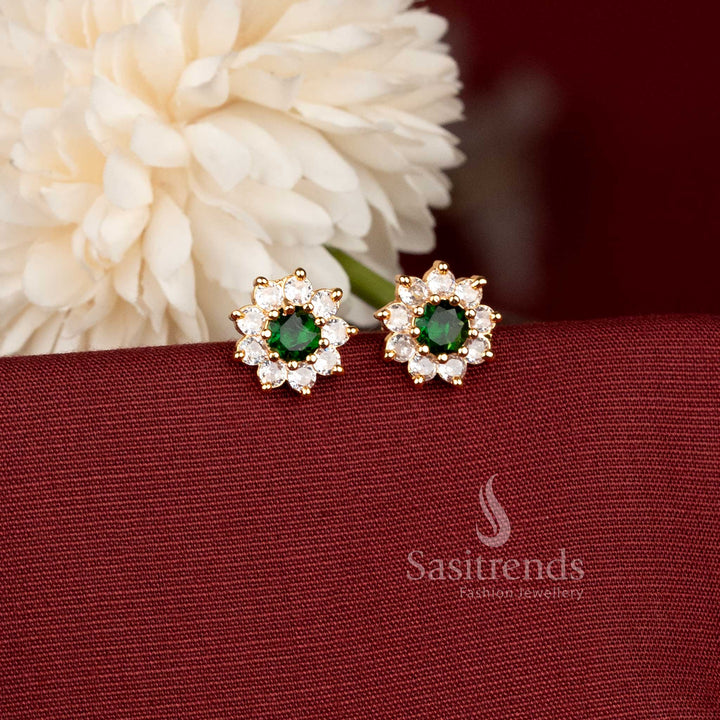 Beautiful Gold Plated Floral Stud Earrings with American Diamond Stone - Sasitrends
