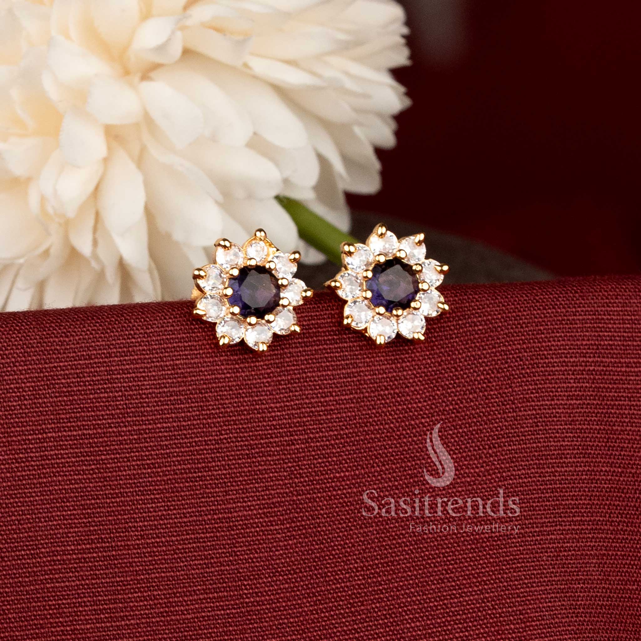 Beautiful Gold Plated Floral Stud Earrings with American Diamond Stone - Sasitrends