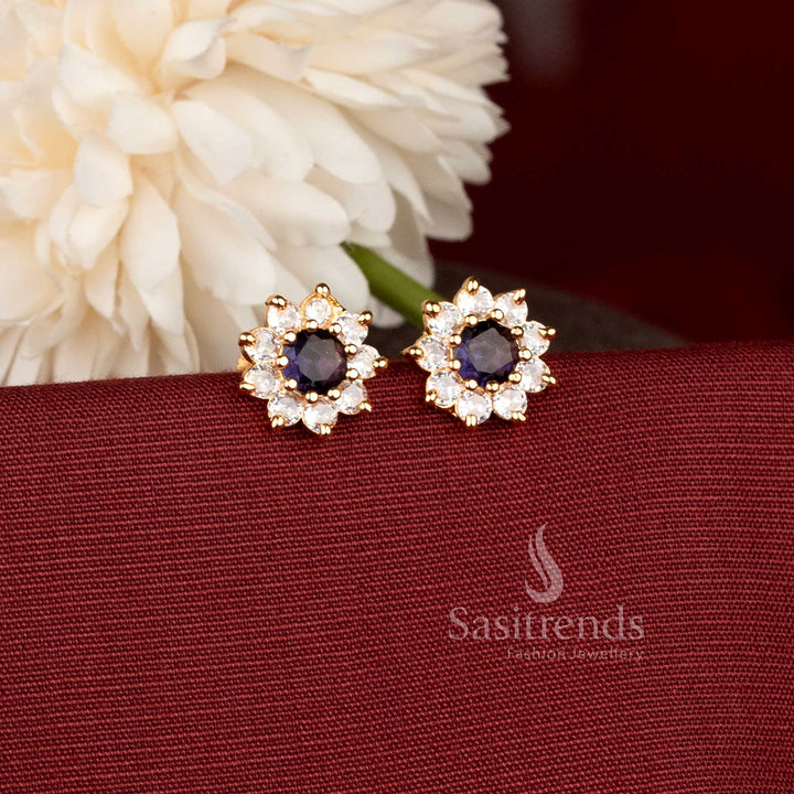 Beautiful Gold Plated Floral Stud Earrings with American Diamond Stone - Sasitrends