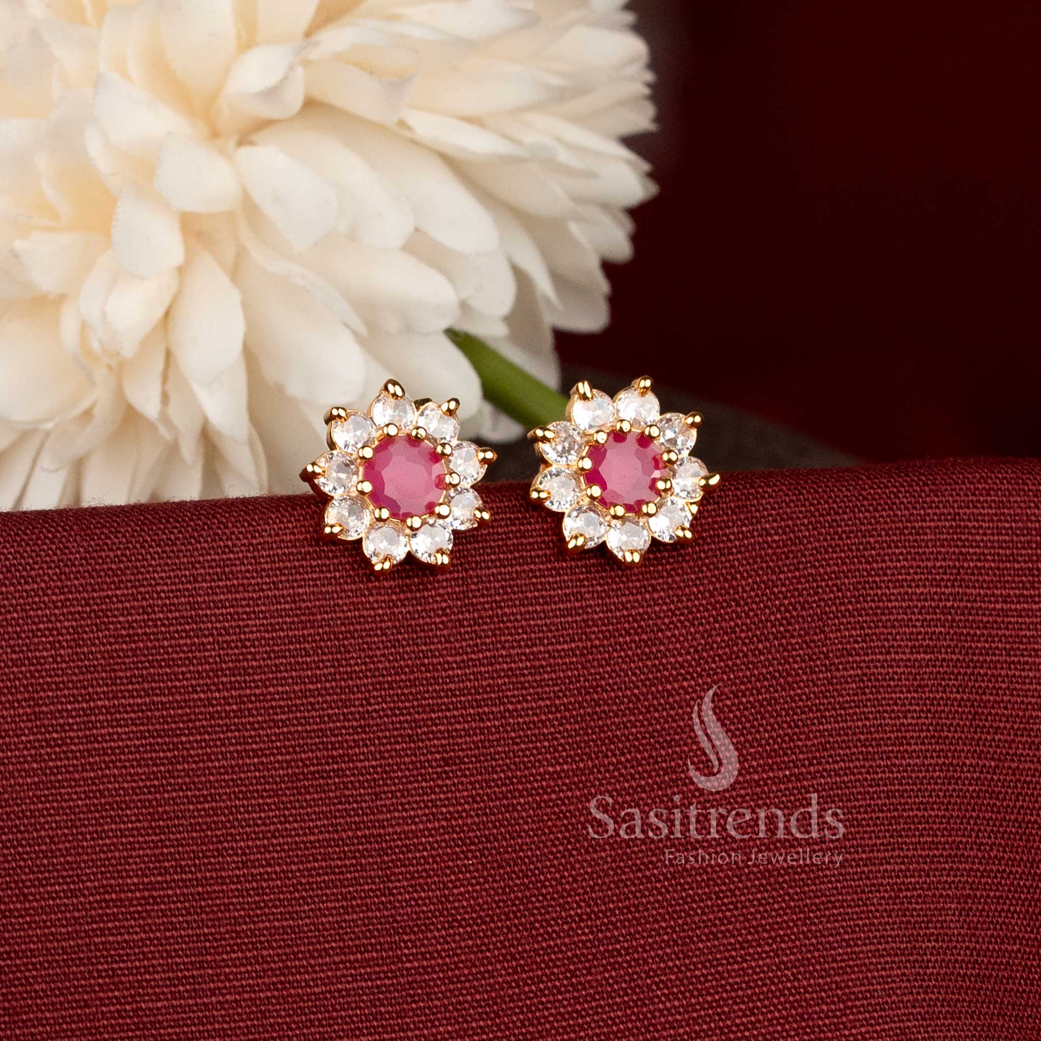 Beautiful Gold Plated Floral Stud Earrings with American Diamond Stone - Sasitrends