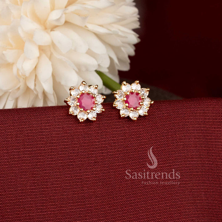 Beautiful Gold Plated Floral Stud Earrings with American Diamond Stone - Sasitrends