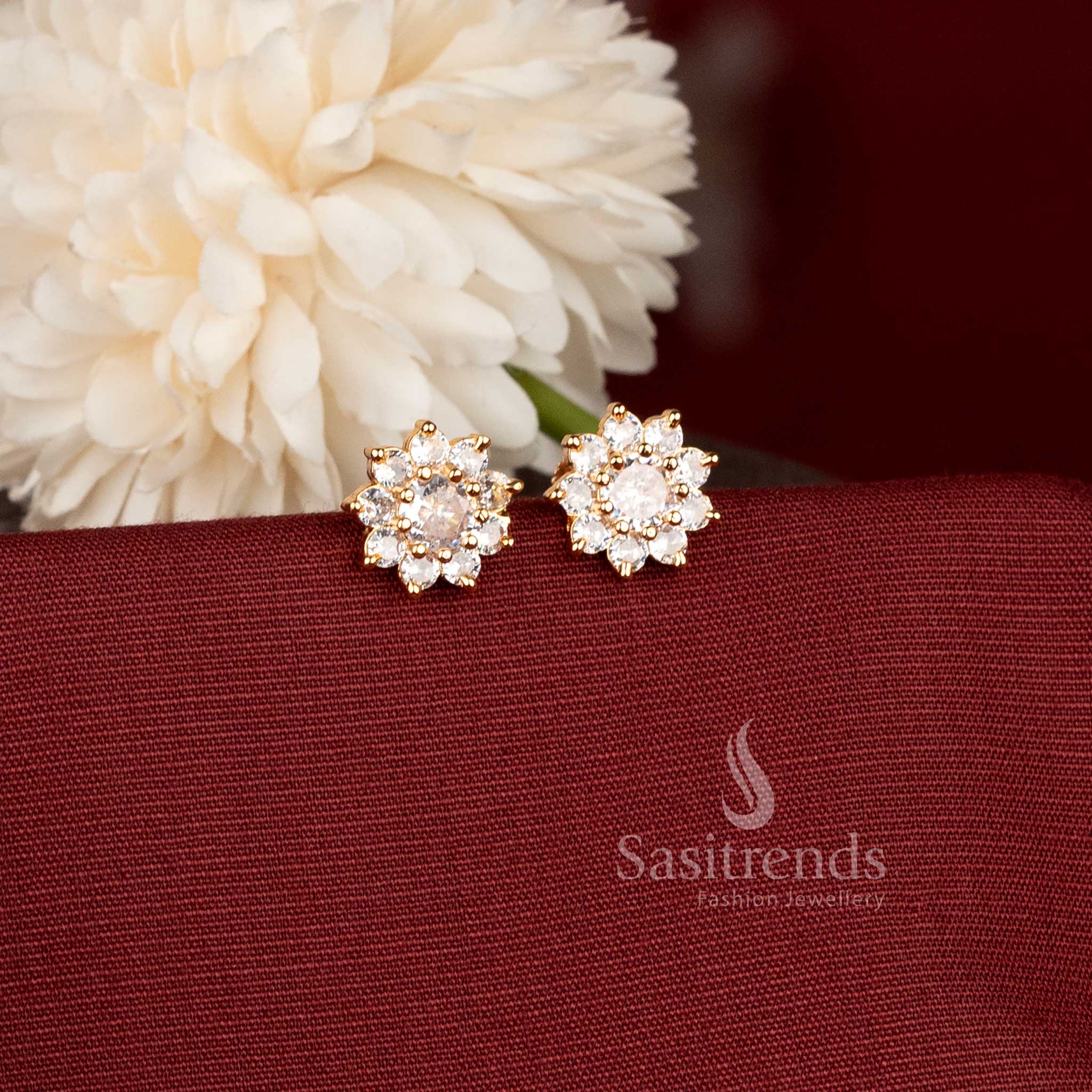 Charming Gold Plated American Diamond Flower Stud Earrings with Central Stone Sasitrends