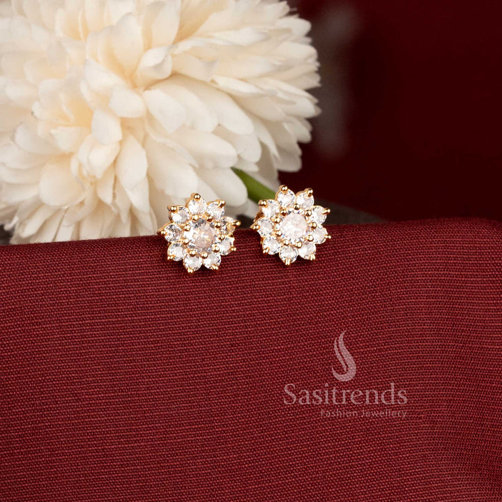 Charming Gold Plated American Diamond Flower Stud Earrings with Central Stone Sasitrends