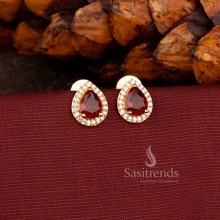 Gorgeous Gold Plated American Diamond Oval Stud Earrings with Detailed Stone Work Sasitrends