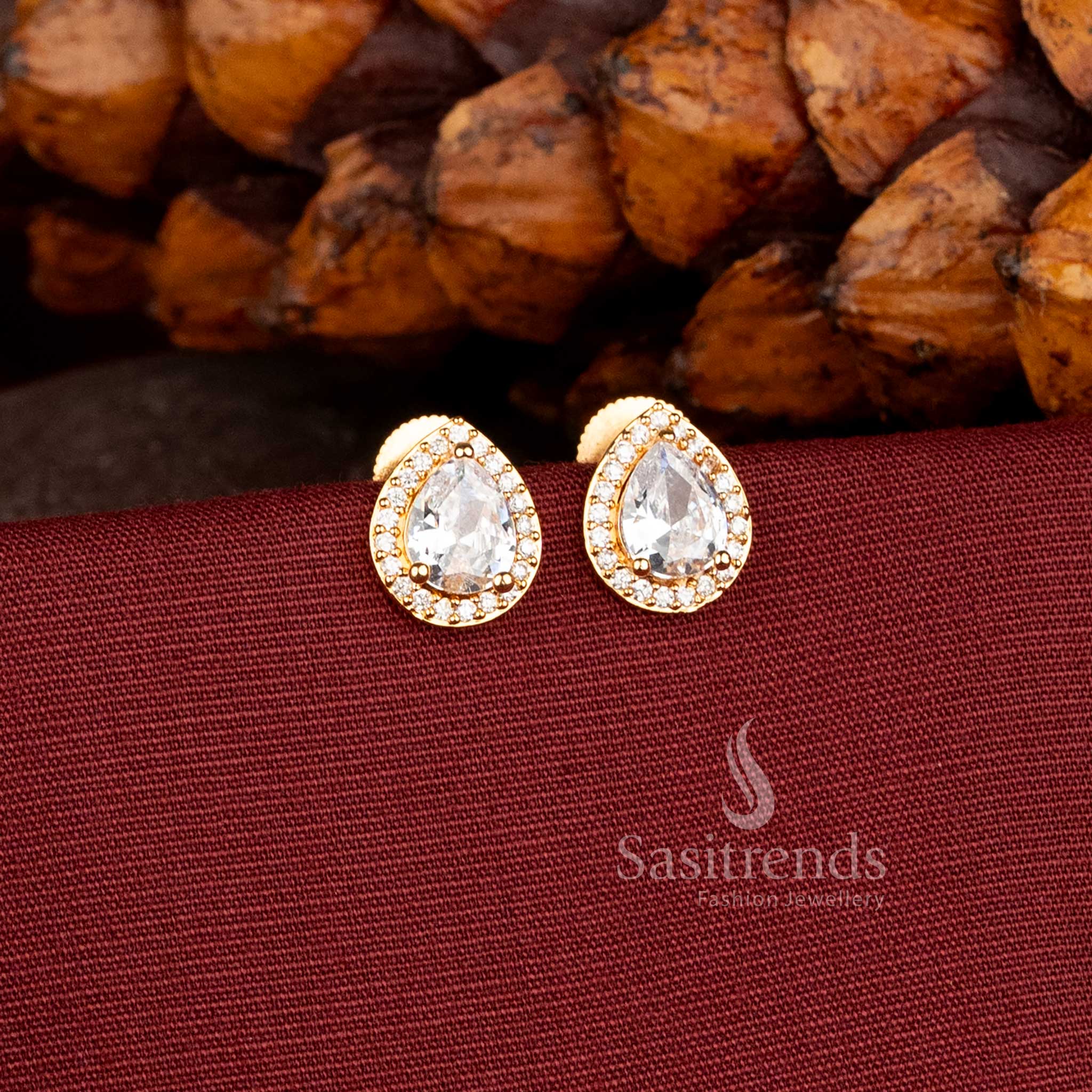 Gorgeous Gold Plated American Diamond Oval Stud Earrings Sasitrends