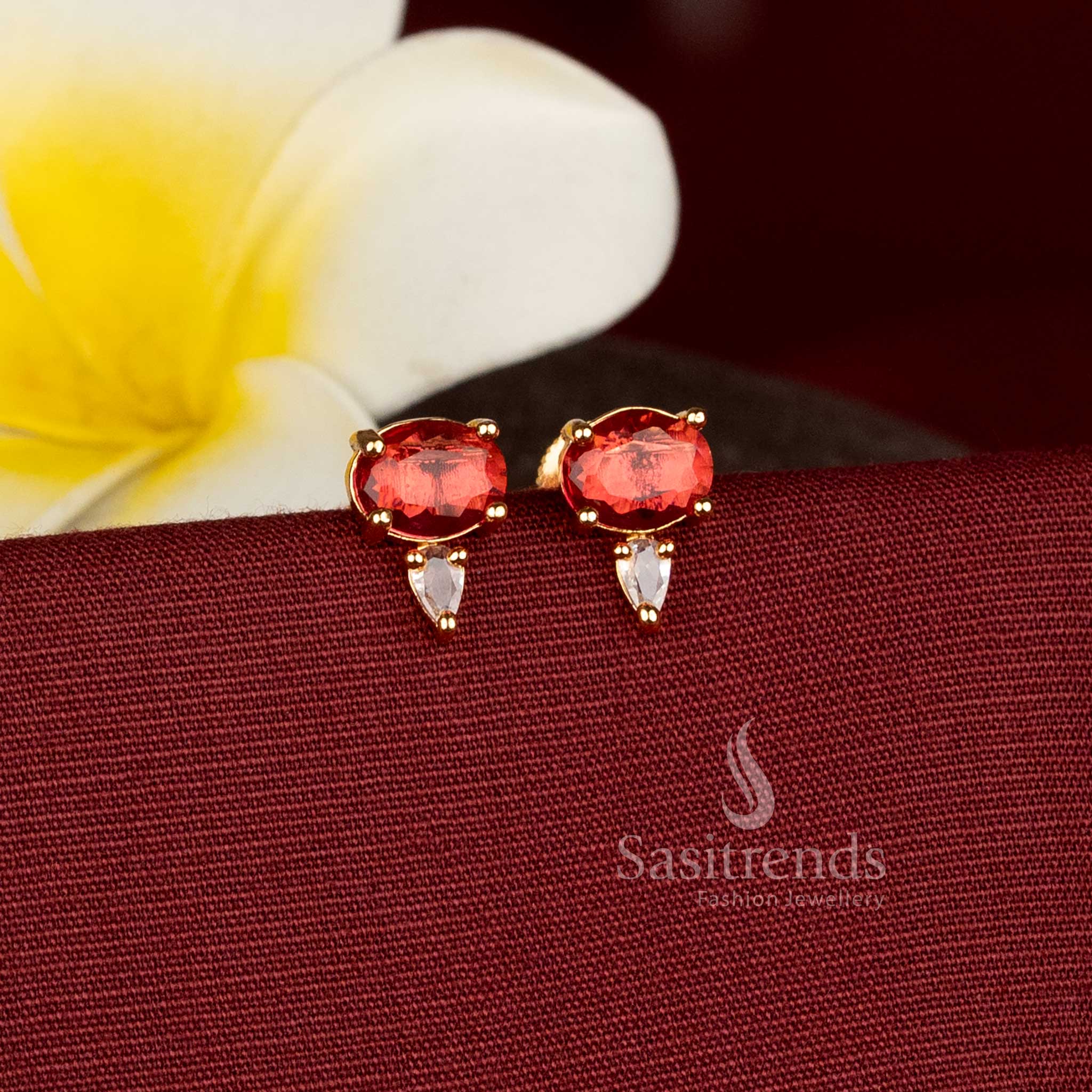 Elegant Gold Plated American Diamond Stud Earrings with Oval and Pear Shaped Stone Designs Sasitrends