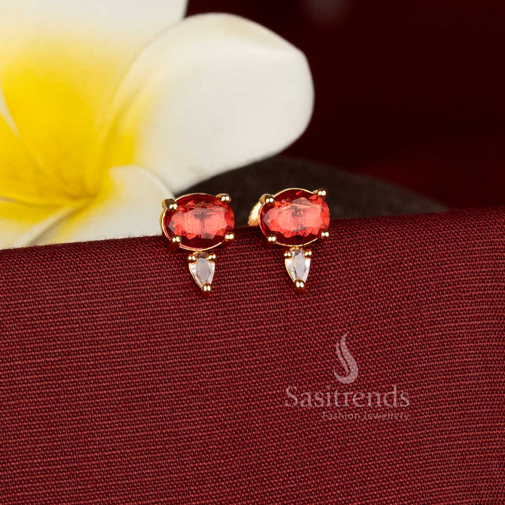 Elegant Gold Plated American Diamond Stud Earrings with Oval and Pear Shaped Stone Designs Sasitrends