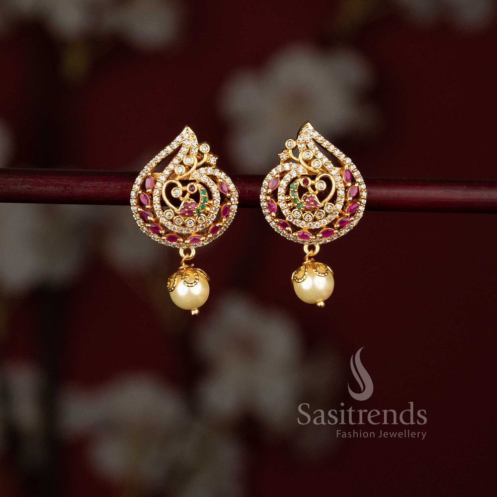 1 gram gold look designer earrings with peacock pattern and pearl drop  