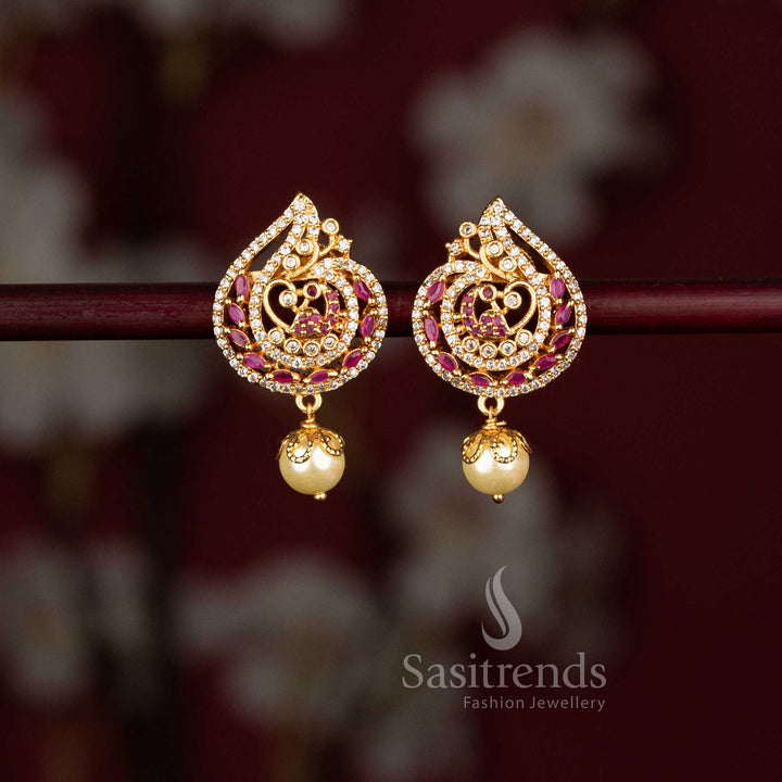 Sasitrends peacock design AD earrings 2201Q with pearl drop teardrop style  