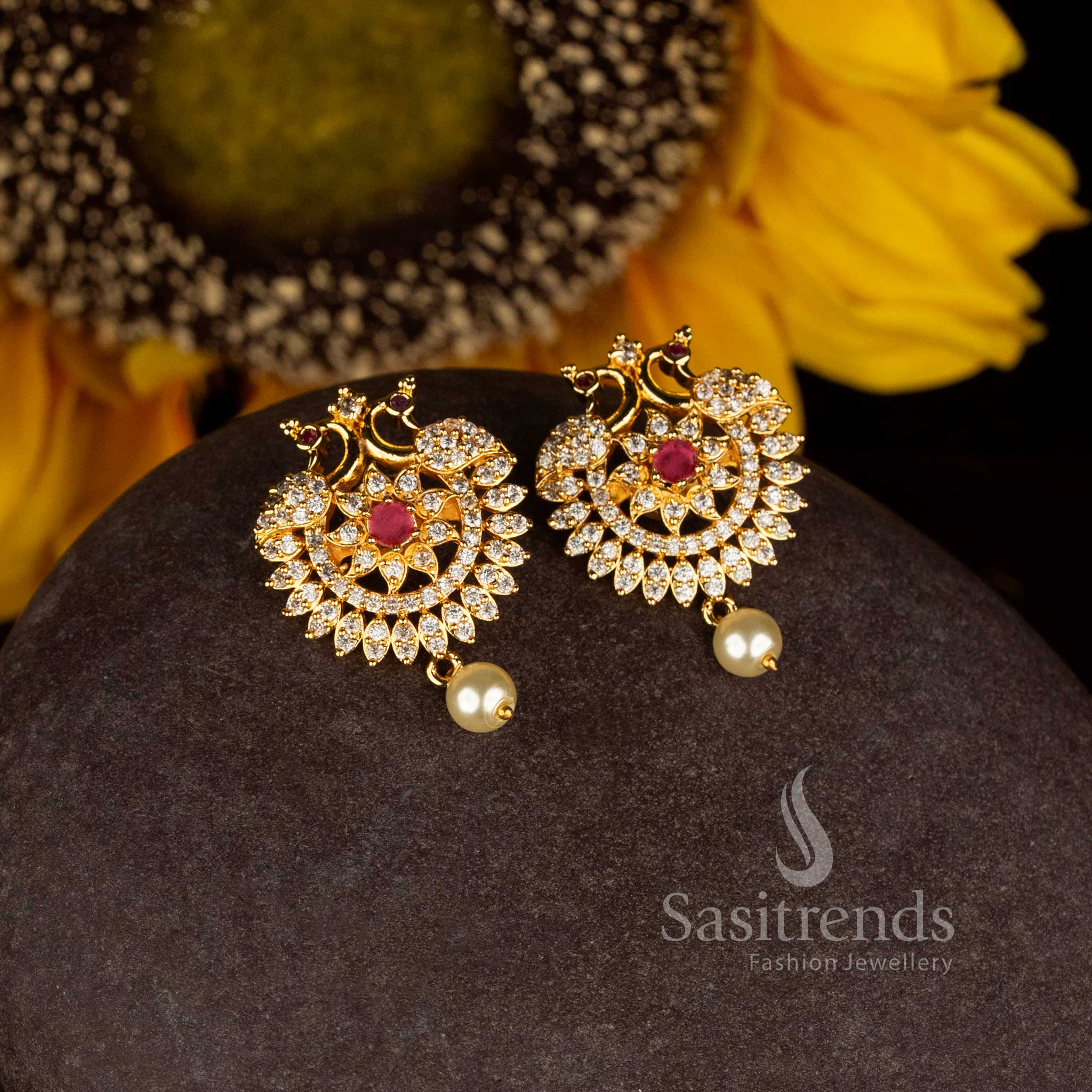 Gold Plated American Diamond Peacock Heart Drop Earrings for Women - Sasitrends