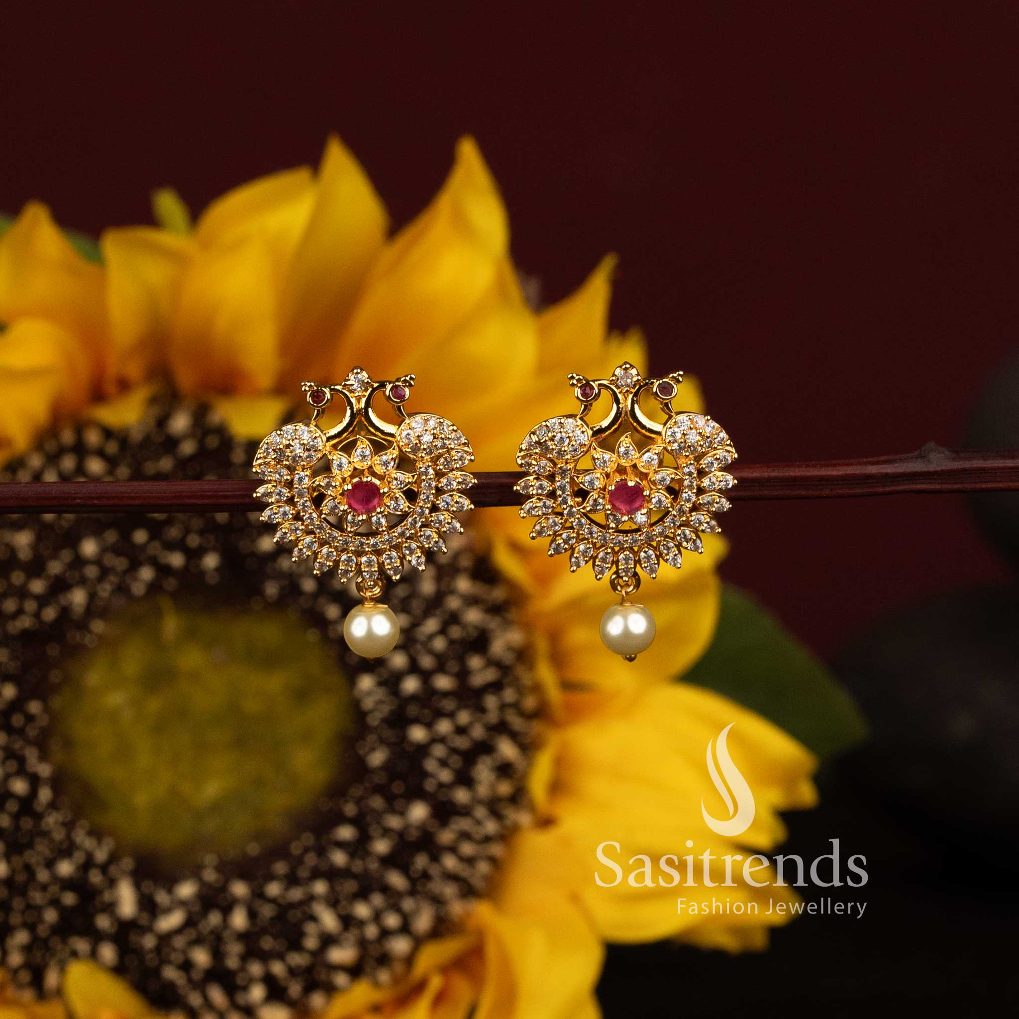 Gold Plated American Diamond Peacock Heart Drop Earrings for Women - Sasitrends