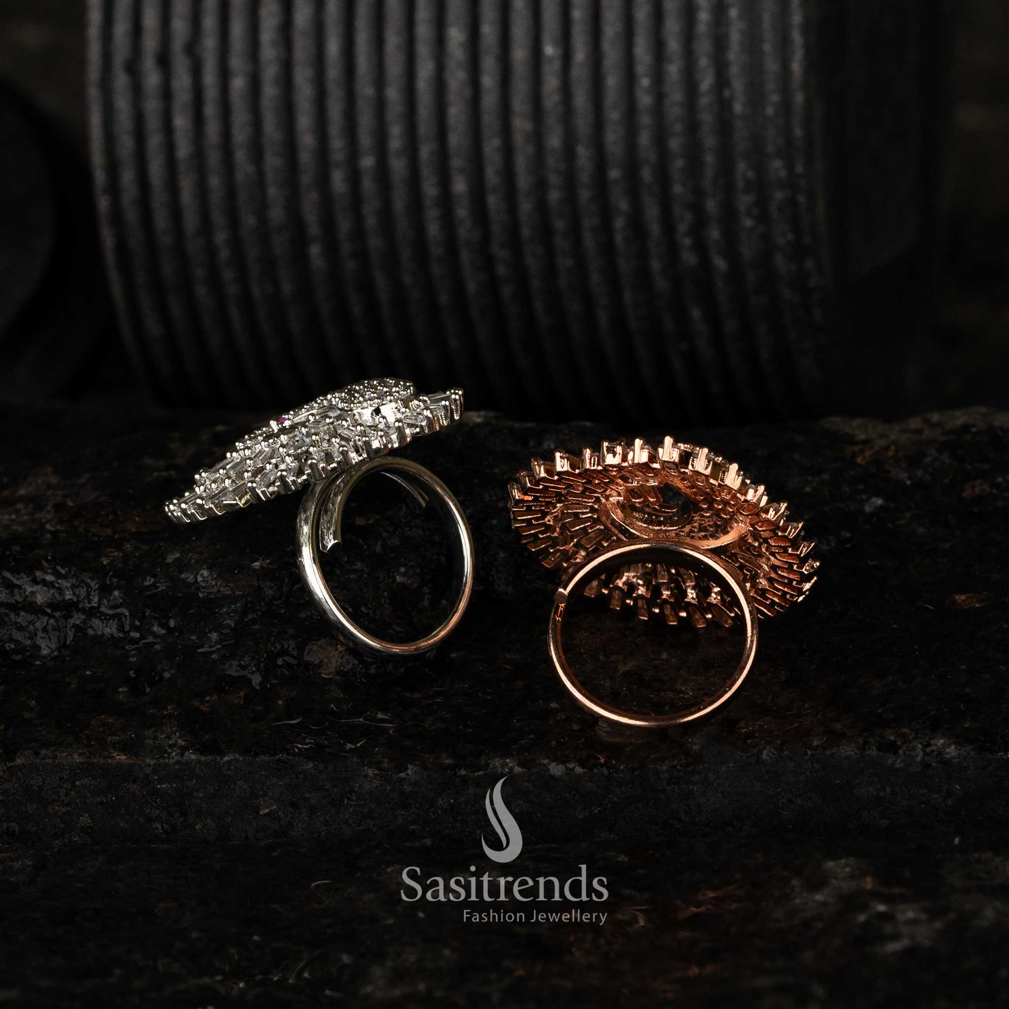 Brass Peacock Zircon rhodium silver rose gold plated Ring - Exquisite craftsmanship with CZ and AD American diamond embellishments - Sasitrends