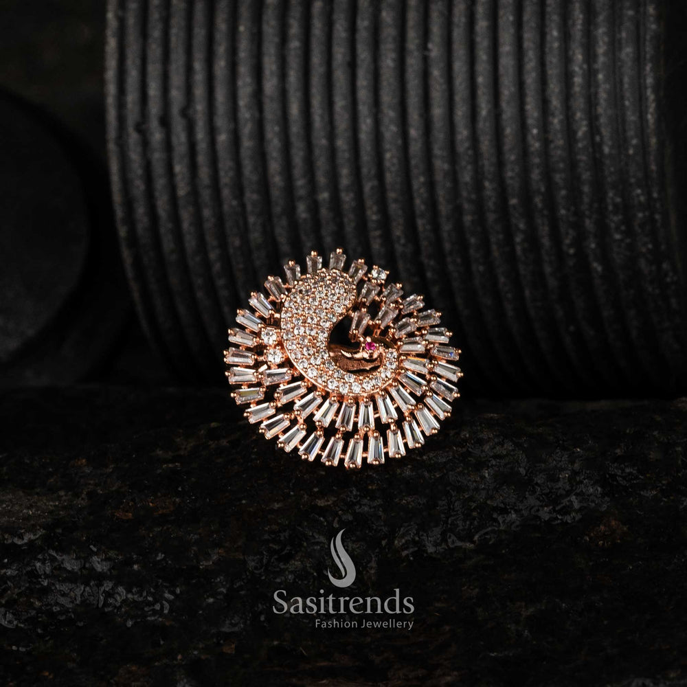 Brass Peacock Zircon rose gold plated adjustable Ring - Exquisite craftsmanship with CZ and AD American diamond embellishments - Sasitrends






