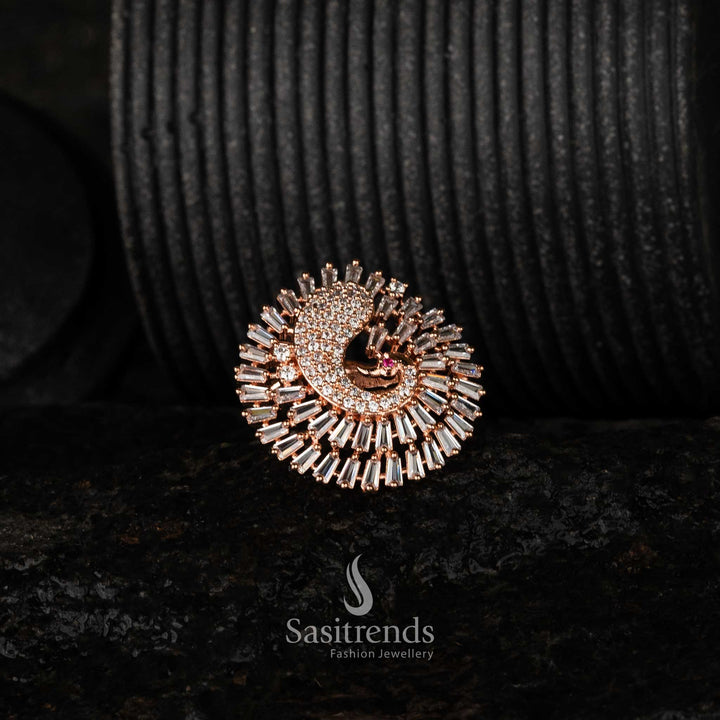 Brass Peacock Zircon rose gold plated adjustable Ring - Exquisite craftsmanship with CZ and AD American diamond embellishments - Sasitrends





