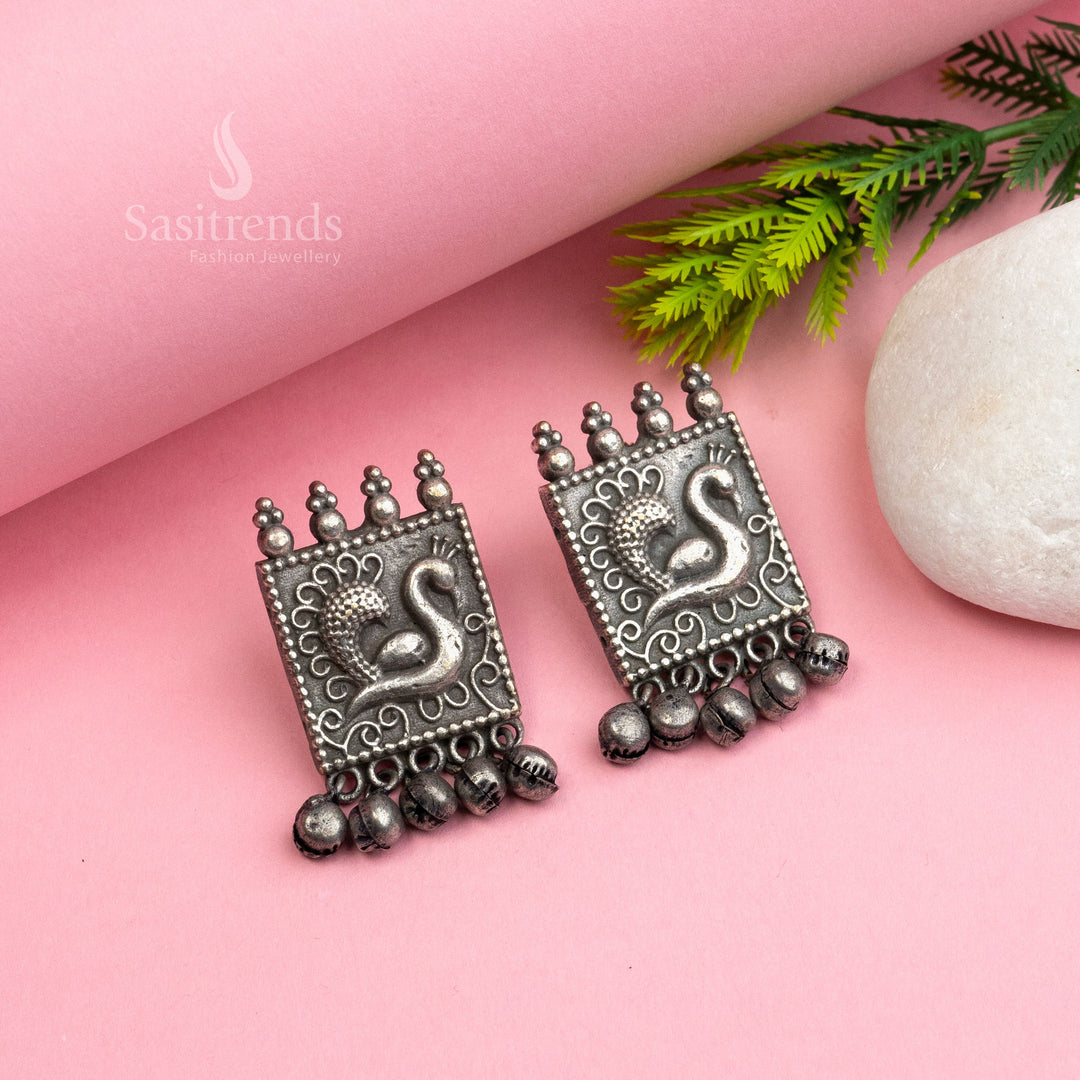 Peacock Oxidised Silver Earrings with Ghungroo Beads - Trendy Party Wear