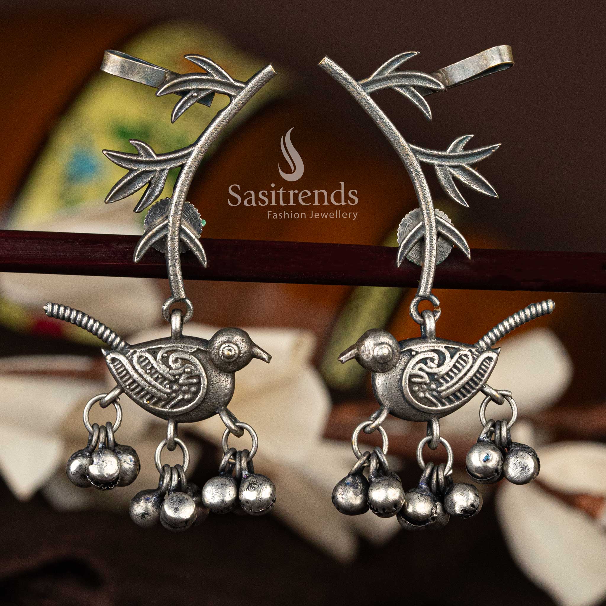Bird-themed oxidised silver earrings with branch design - Sasitrends 