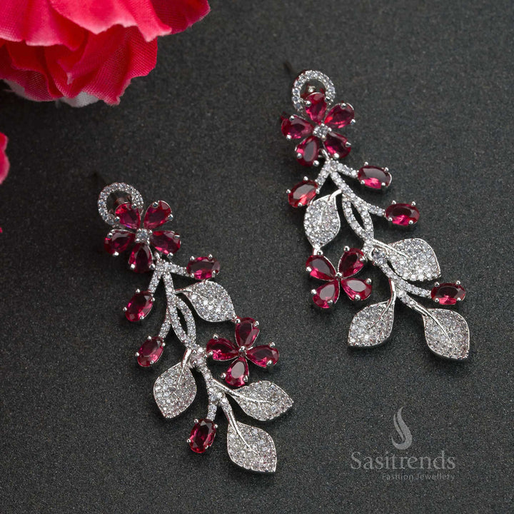 Exquisite Rhodium Silver Floral American Diamond Stones Studded Earrings - Party Wear