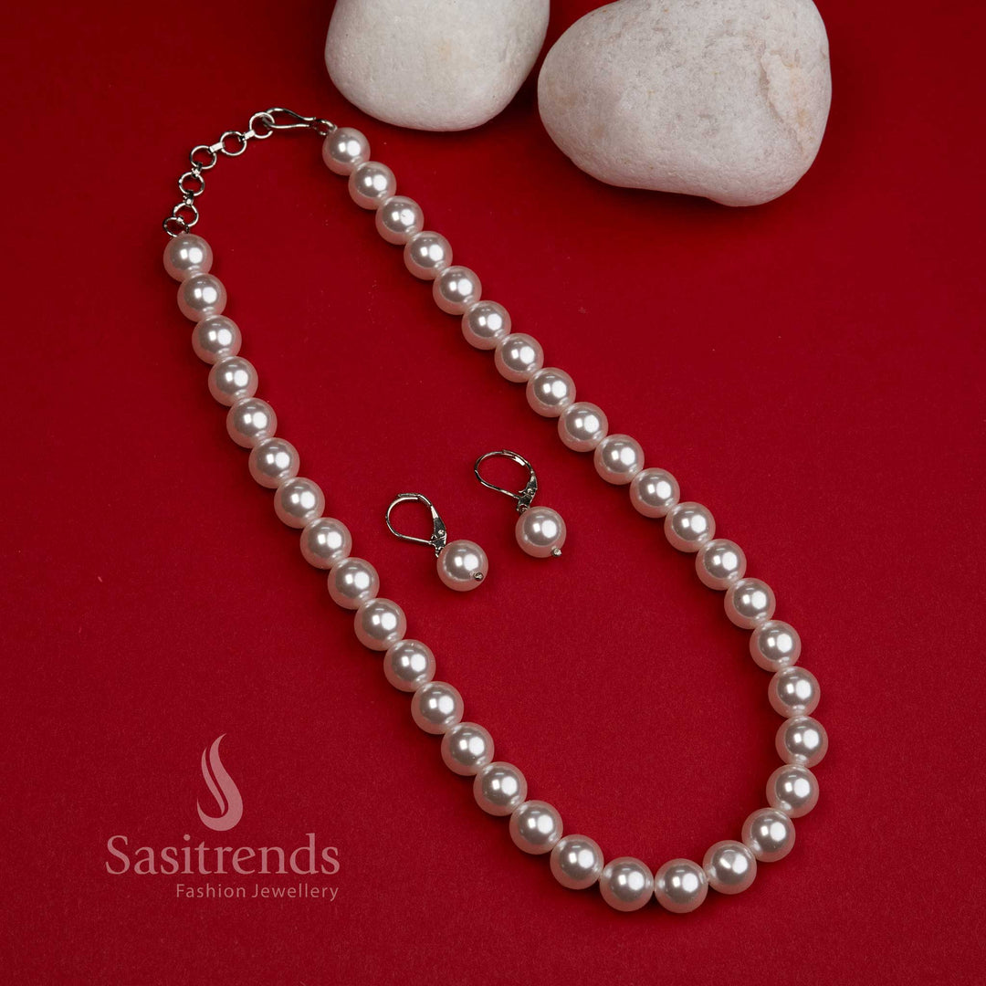 Elegant white shell pearl mala necklace set with matching earrings – designed for a timeless bridal and festive look – Sasitrends